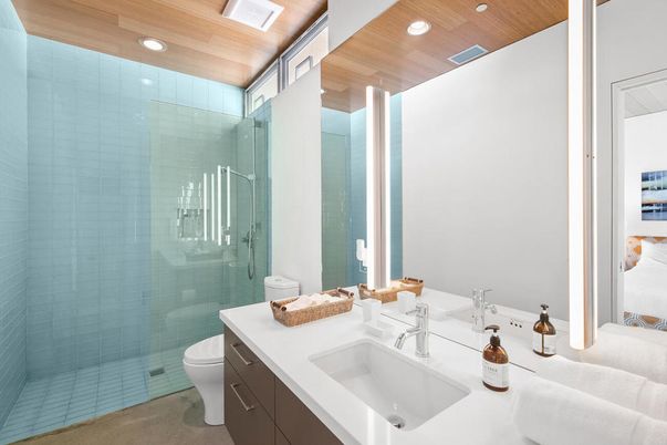 Bathroom, Glass Shower, Interior, Recessed Lighting, Wooden Ceilings