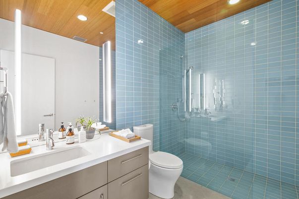 Bathroom, Glass Shower, Interior, Recessed Lighting, Wooden Ceilings