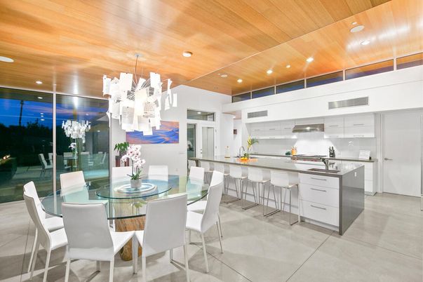 Dining room, Interior, Kitchen, Pendant Lights, Recessed Lighting, Stainless Steel Appliances, Wooden Ceilings