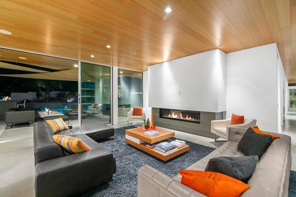 Fireplace, Interior, Living room, Recessed Lighting, Wooden Ceilings