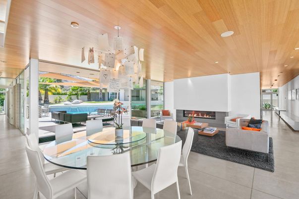 Dining room, Fireplace, Interior, Living room, Recessed Lighting, Wooden Ceilings
