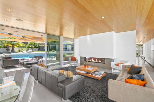 Fireplace, Interior, Living room, Recessed Lighting, Wooden Ceilings