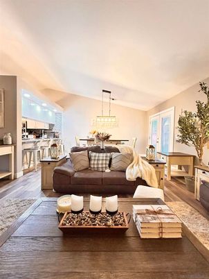 Dining room, Interior, Kitchen, Living room, Pendant Lights, Wood Texture Flooring
