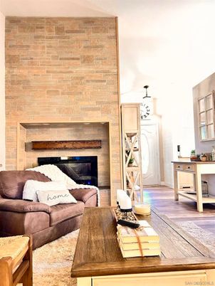 Fireplace, Interior, Living room, Stone Walls, Wood Texture Flooring