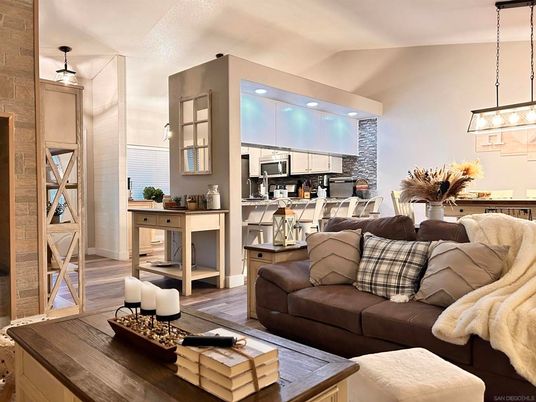 Interior, Kitchen, Living room, Pendant Lights, Recessed Lighting, Stainless Steel Appliances, Wood Texture Flooring
