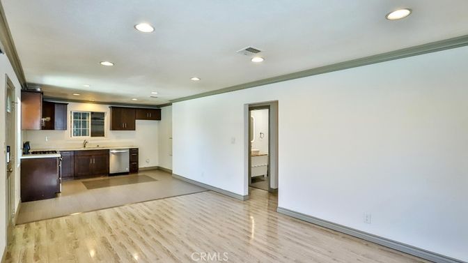 Empty room, Interior, Kitchen, Recessed Lighting, Wood Texture Flooring