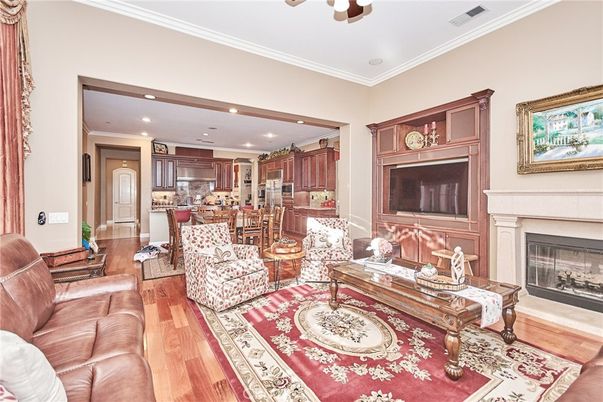 Fireplace, Interior, Kitchen, Living room, Recessed Lighting, Wood Texture Flooring