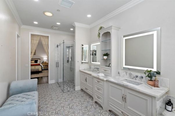 Bathroom, Bedroom, Dual Sink Vanities, Glass Shower, Interior, Recessed Lighting, Wood Texture Flooring