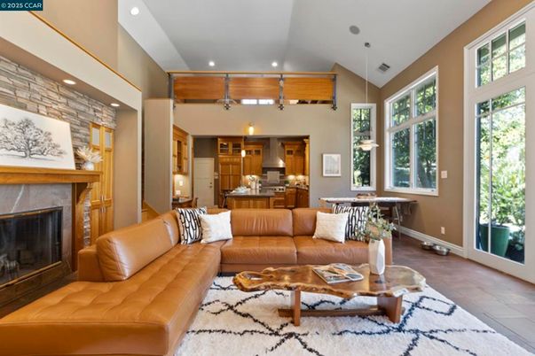Dining room, Fireplace, Interior, Kitchen, Living room, Pendant Lights, Recessed Lighting, Stone Walls