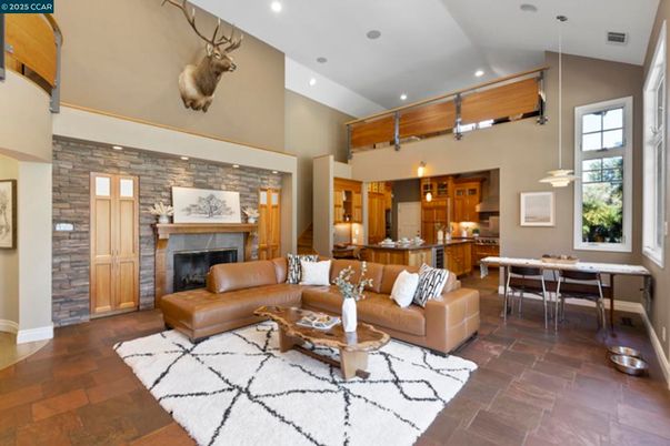 Dining room, Fireplace, Interior, Kitchen, Living room, Pendant Lights, Recessed Lighting, Stone Walls