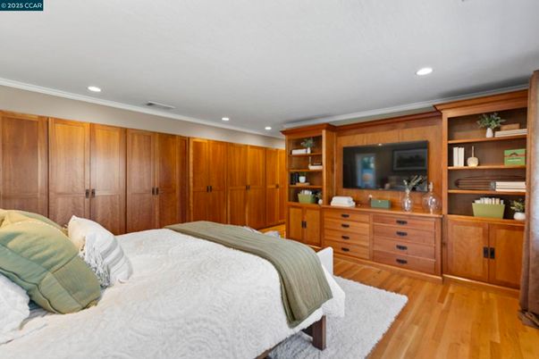 Bedroom, Interior, Recessed Lighting, Wood Texture Flooring