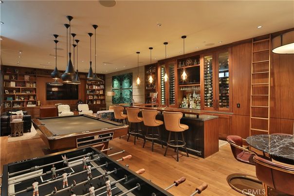 Billiard Table, Game Room, Interior, Pendant Lights, Recessed Lighting, Wood Texture Flooring
