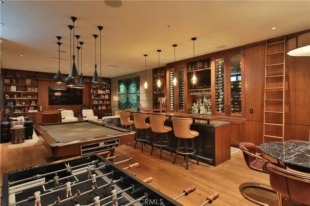 Billiard Table, Game Room, Interior, Pendant Lights, Recessed Lighting, Wood Texture Flooring