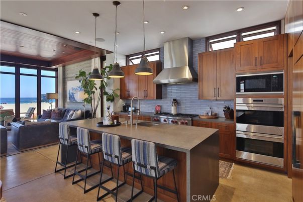 Interior, Kitchen, Pendant Lights, Recessed Lighting, Stainless Steel Appliances, Stone Walls, Water, Wooden Ceilings
