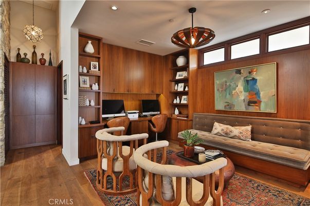 Home Office, Interior, Pendant Lights, Recessed Lighting, Wood Texture Flooring, Wooden Walls