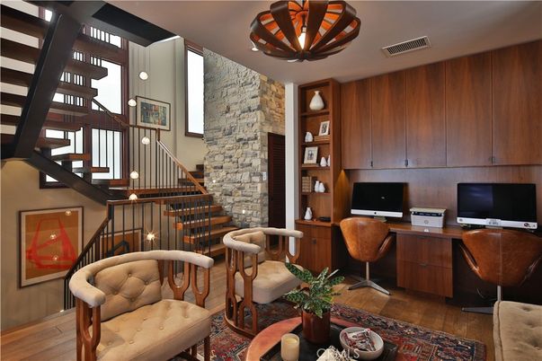 Home Office, Interior, Stone Walls, Wood Texture Flooring