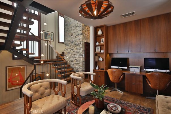 Home Office, Interior, Stone Walls, Wood Texture Flooring