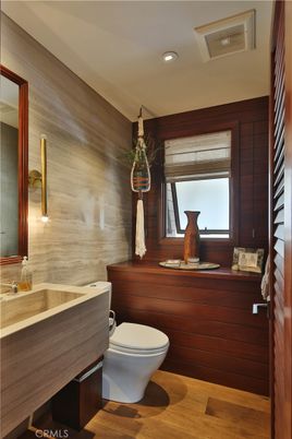 Bathroom, Interior, Recessed Lighting, Wood Texture Flooring, Wooden Walls