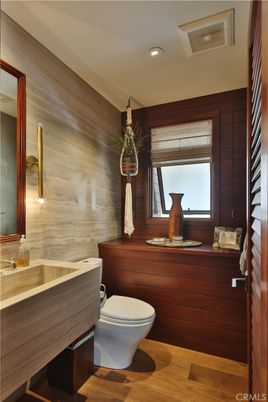 Bathroom, Interior, Recessed Lighting, Wood Texture Flooring, Wooden Walls
