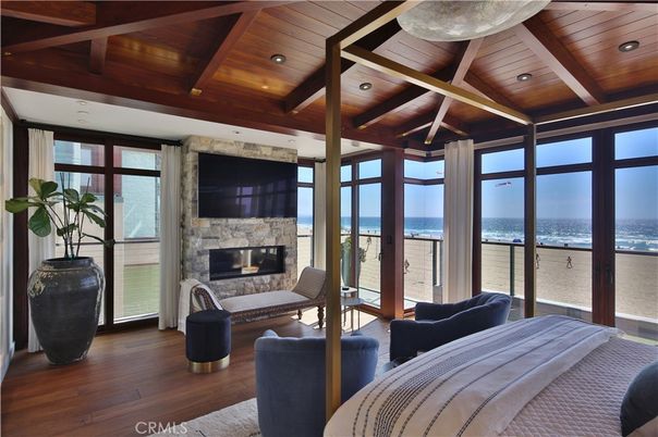 Bedroom, Fireplace, Interior, Living room, Recessed Lighting, Water, Wooden Beams, Wooden Ceilings, Wood Texture Flooring