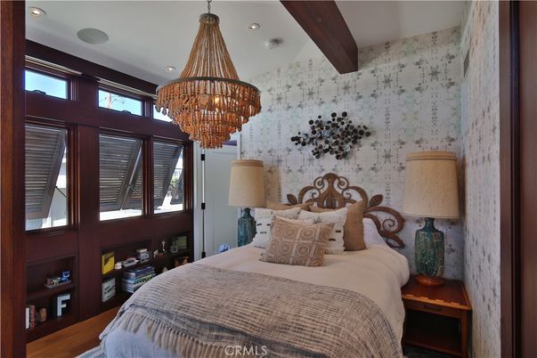 Bedroom, Chandelier, Interior, Recessed Lighting, Wooden Beams, Wood Texture Flooring
