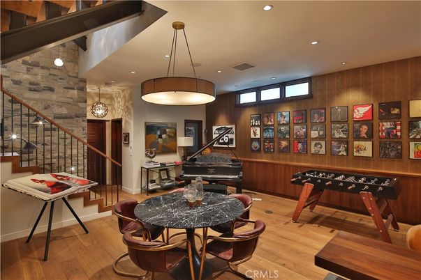 Game Room, Interior, Pendant Lights, Piano, Recessed Lighting, Stone Walls, Wood Texture Flooring, Wooden Walls