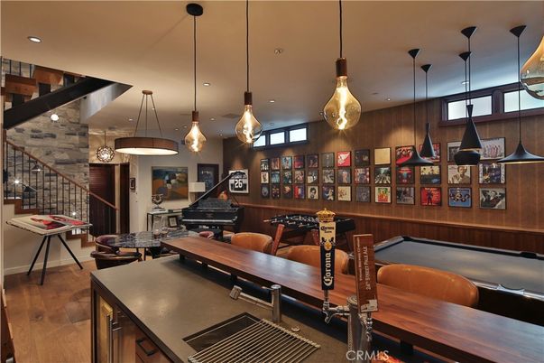 Billiard Table, Dining room, Game Room, Interior, Pendant Lights, Piano, Recessed Lighting, Wood Texture Flooring