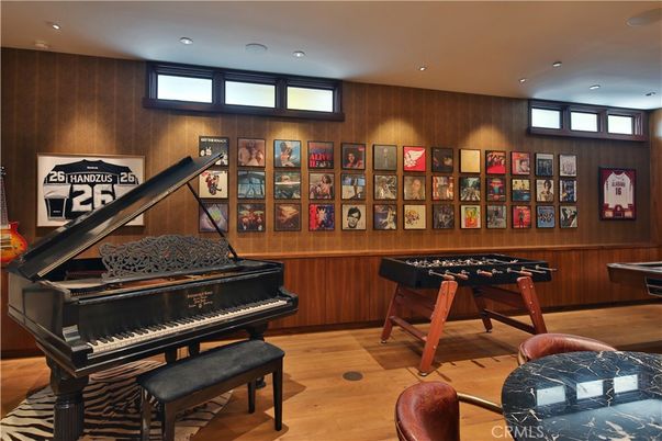 Game Room, Interior, Piano, Recessed Lighting, Wood Texture Flooring, Wooden Walls