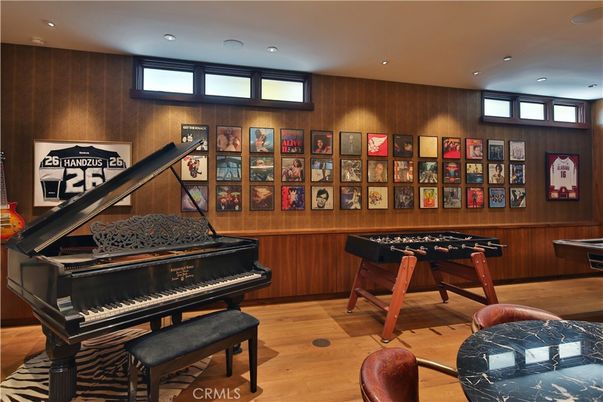 Game Room, Interior, Piano, Recessed Lighting, Wood Texture Flooring, Wooden Walls