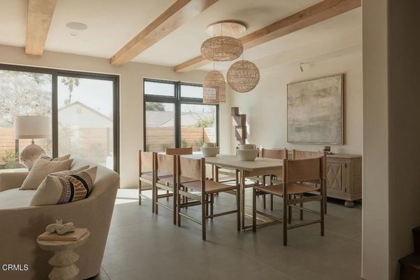 Dining room, Interior, Living room, Pendant Lights, Wooden Beams