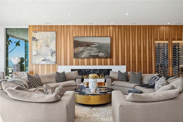Fireplace, Interior, Living room, Recessed Lighting, Wine Storage, Wooden Walls