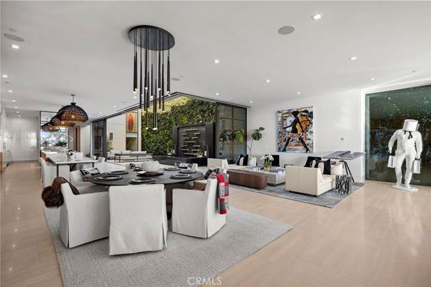 Dining room, Interior, Living room, Pendant Lights, Recessed Lighting, Wood Texture Flooring