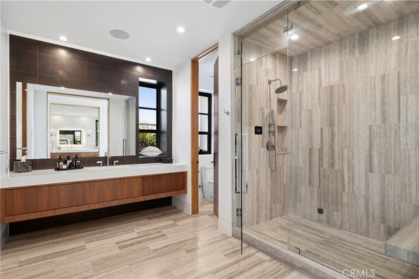 Bathroom, Glass Shower, Interior, Recessed Lighting, Wood Texture Flooring