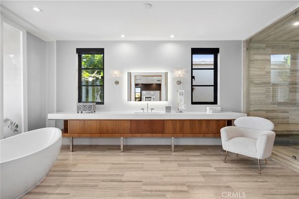 Bathroom, Free Standing Baths, Glass Shower, Interior, Recessed Lighting, Wood Texture Flooring