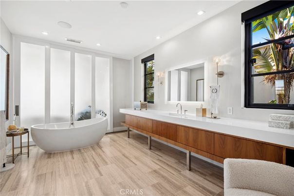 Bathroom, Dual Sink Vanities, Free Standing Baths, Interior, Recessed Lighting, Wood Texture Flooring