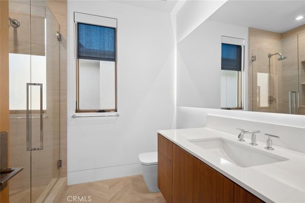 Bathroom, Glass Shower, Interior, Recessed Lighting, Wood Texture Flooring