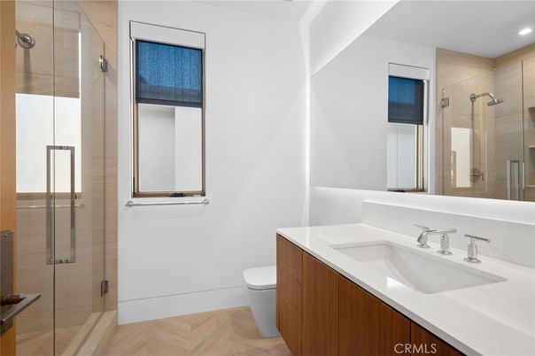Bathroom, Glass Shower, Interior, Recessed Lighting, Wood Texture Flooring