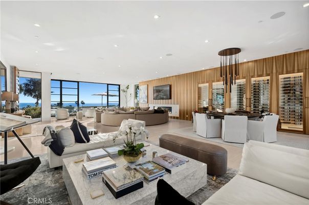 Dining room, Interior, Living room, Pendant Lights, Recessed Lighting, Wine Storage, Wooden Walls