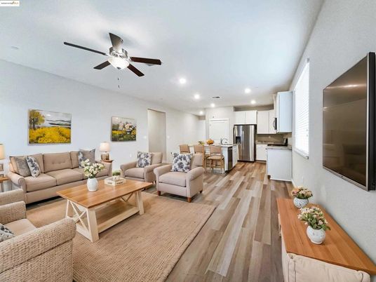 Dining room, Interior, Kitchen, Living room, Recessed Lighting, Stainless Steel Appliances, Wood Texture Flooring