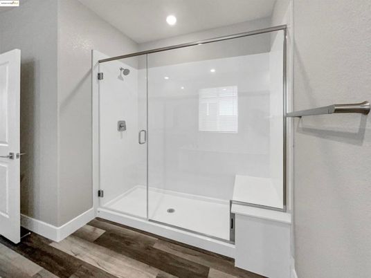 Bathroom, Glass Shower, Interior, Recessed Lighting, Wood Texture Flooring