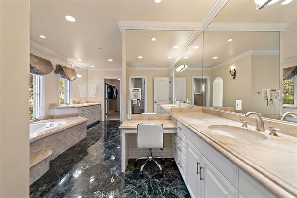 Bathroom, Dual Sink Vanities, Interior, Marble, Recessed Lighting