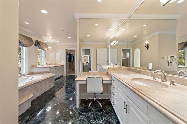 Bathroom, Dual Sink Vanities, Interior, Marble, Recessed Lighting
