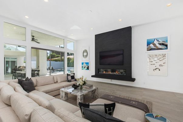 Fireplace, Interior, Living room, Recessed Lighting, Wood Texture Flooring