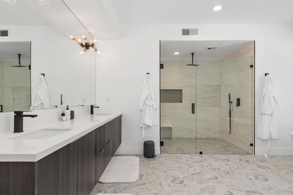 Bathroom, Dual Sink Vanities, Glass Shower, Interior, Recessed Lighting