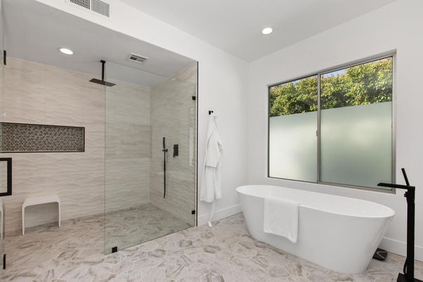 Bathroom, Free Standing Baths, Glass Shower, Interior, Marble Walls, Recessed Lighting