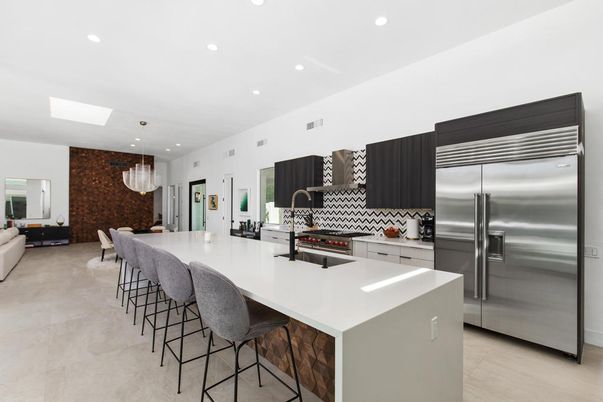 Interior, Kitchen, Pendant Lights, Recessed Lighting, Stainless Steel Appliances, Stone Walls