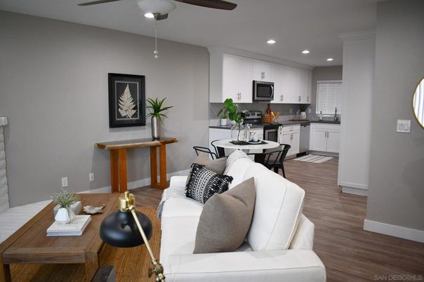Dining room, Interior, Kitchen, Living room, Recessed Lighting, Wood Texture Flooring