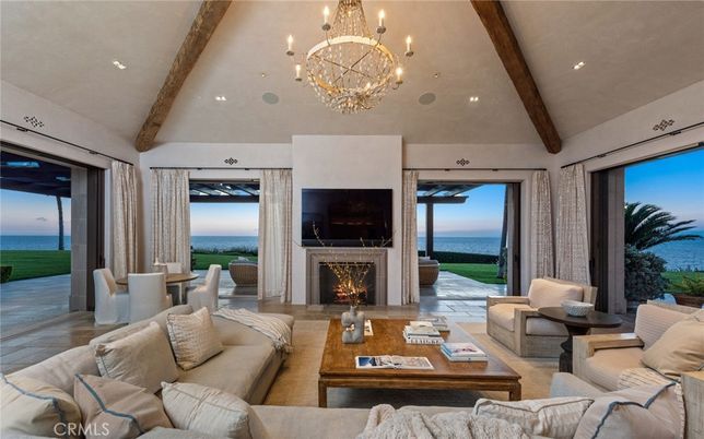 Chandelier, Fireplace, Interior, Living room, Recessed Lighting, Water, Wooden Beams