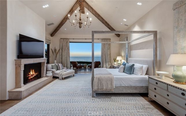 Bedroom, Chandelier, Fireplace, Interior, Recessed Lighting, Water, Wooden Beams
