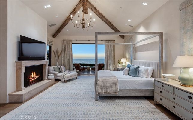 Bedroom, Chandelier, Fireplace, Interior, Recessed Lighting, Water, Wooden Beams